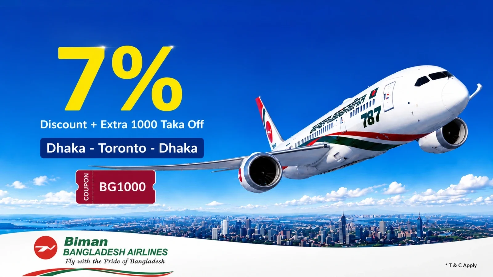 Get 7% Discount on Dhaka to Toronto Biman Bangladesh Flights