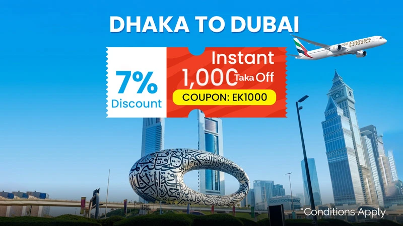 Get 7% Discount + Extra 1000 Taka Off on Emirates Flights from Dhaka to Dubai
