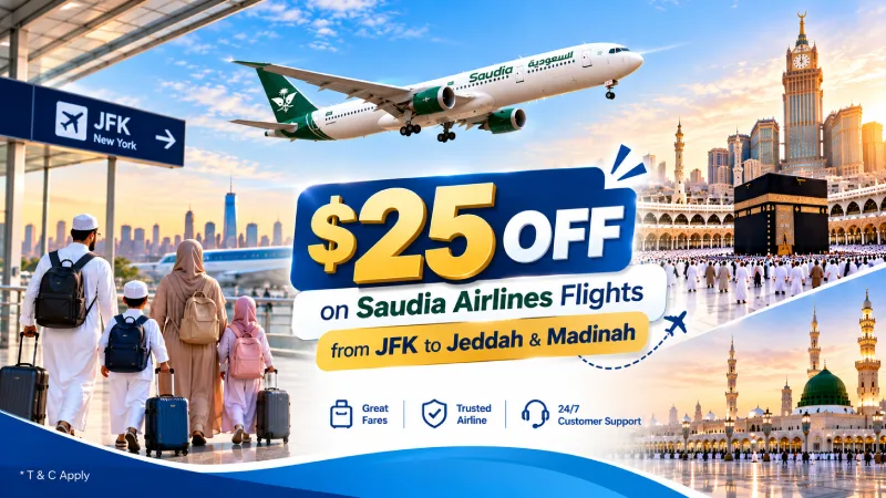 $25 OFF on Saudia Airlines Flights from JFK to Jeddah & Madinah