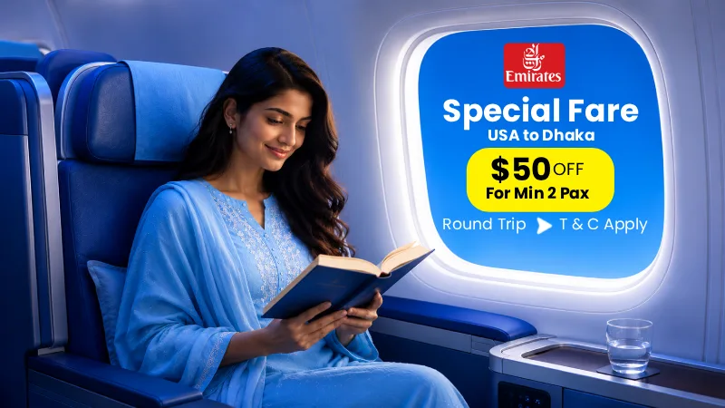 $50 OFF on eligible Emirates round-trip bookings for 2 or more passengers.